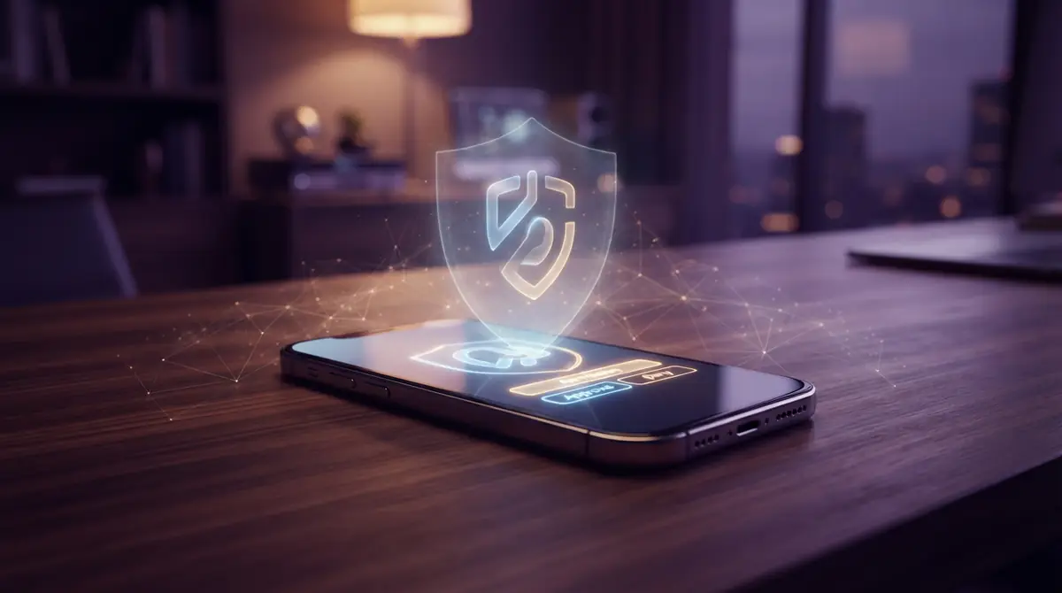 An illustration of a smartphone screen presenting an authorization request prompt under a protective holographic shield