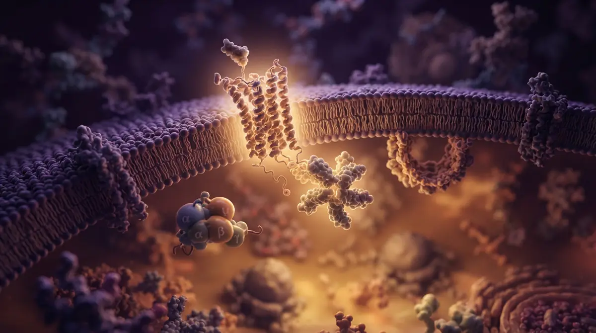 Illustration of a cell surface receptor engaging intracellular arrestin proteins across a lipid bilayer.