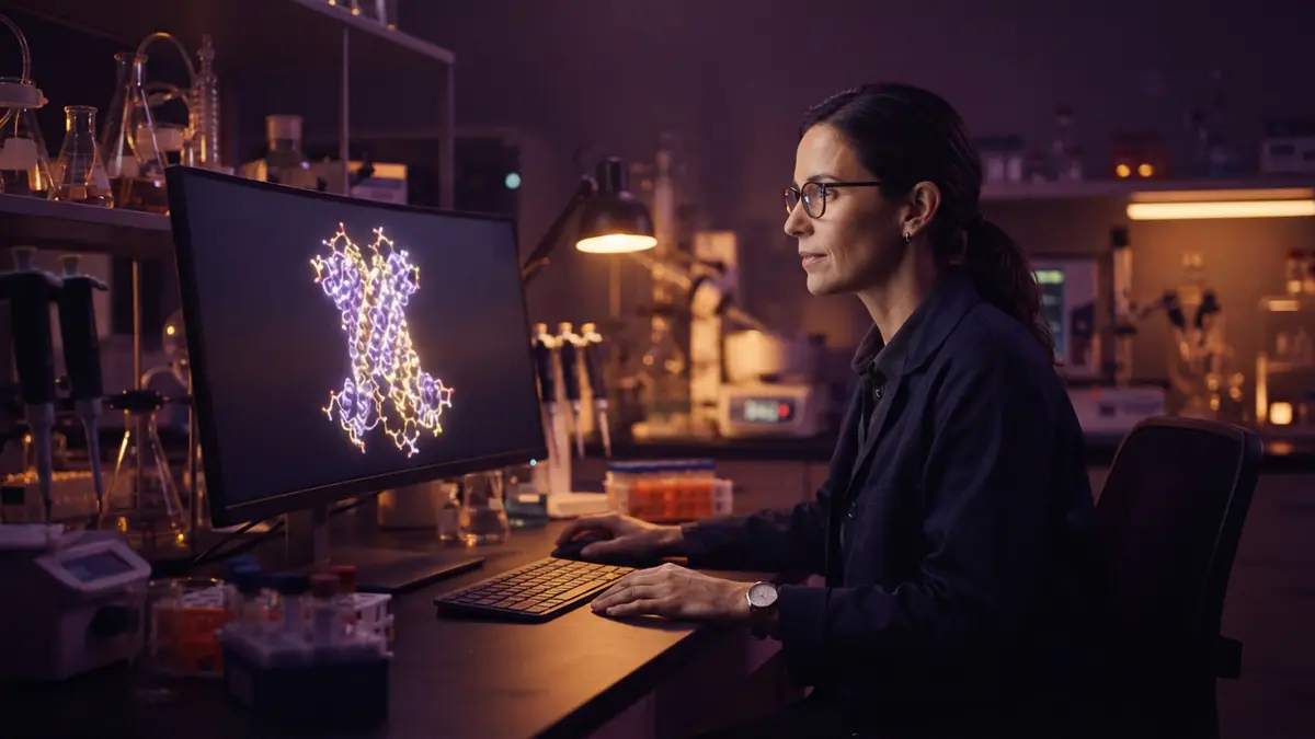A scientist examining a digital structural visualization of a serotonin receptor protein in a pharmacology laboratory.