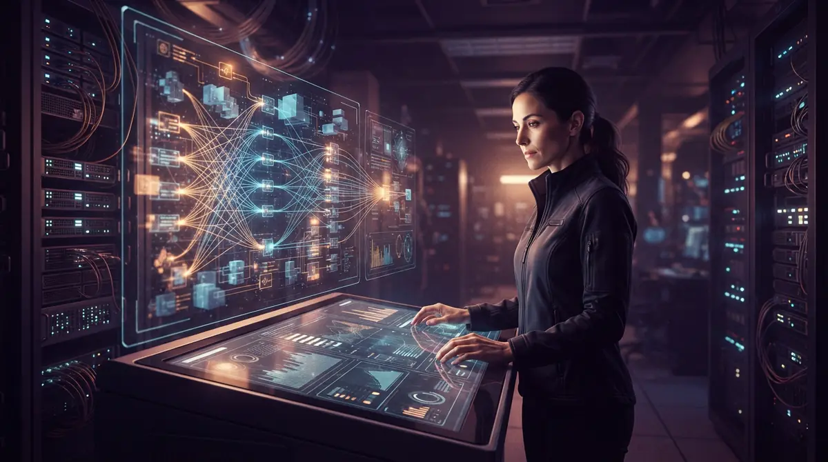 Conceptual visual representing parallel software agents processing code tasks across interconnected nodes