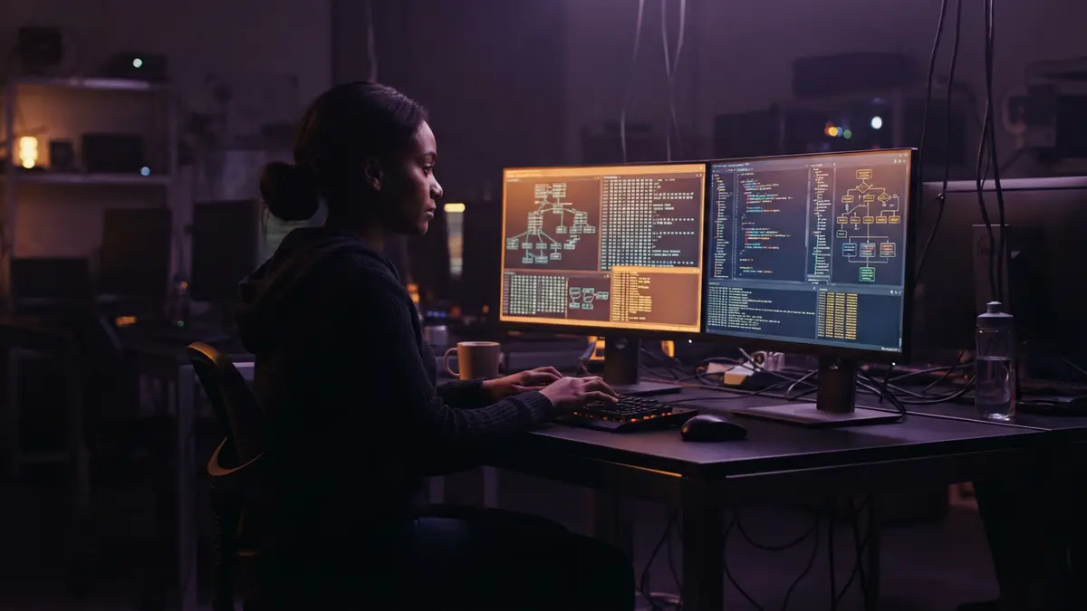 An illustration of a developer workspace displaying binary disassembly diagrams and high-level code structures
