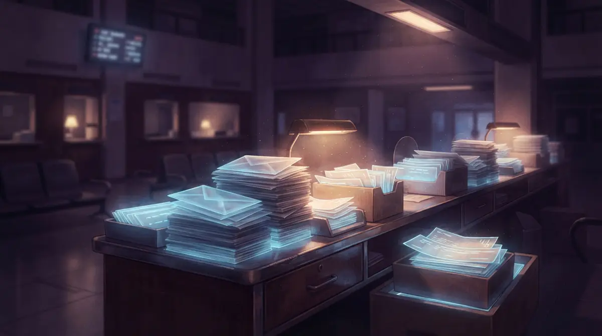 Illustration of an institutional help desk overwhelmed with incoming automated dispute notices