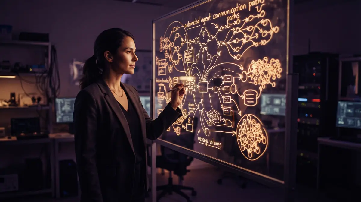 Illustration of an AI researcher reviewing complex decision trees and agent communication logs