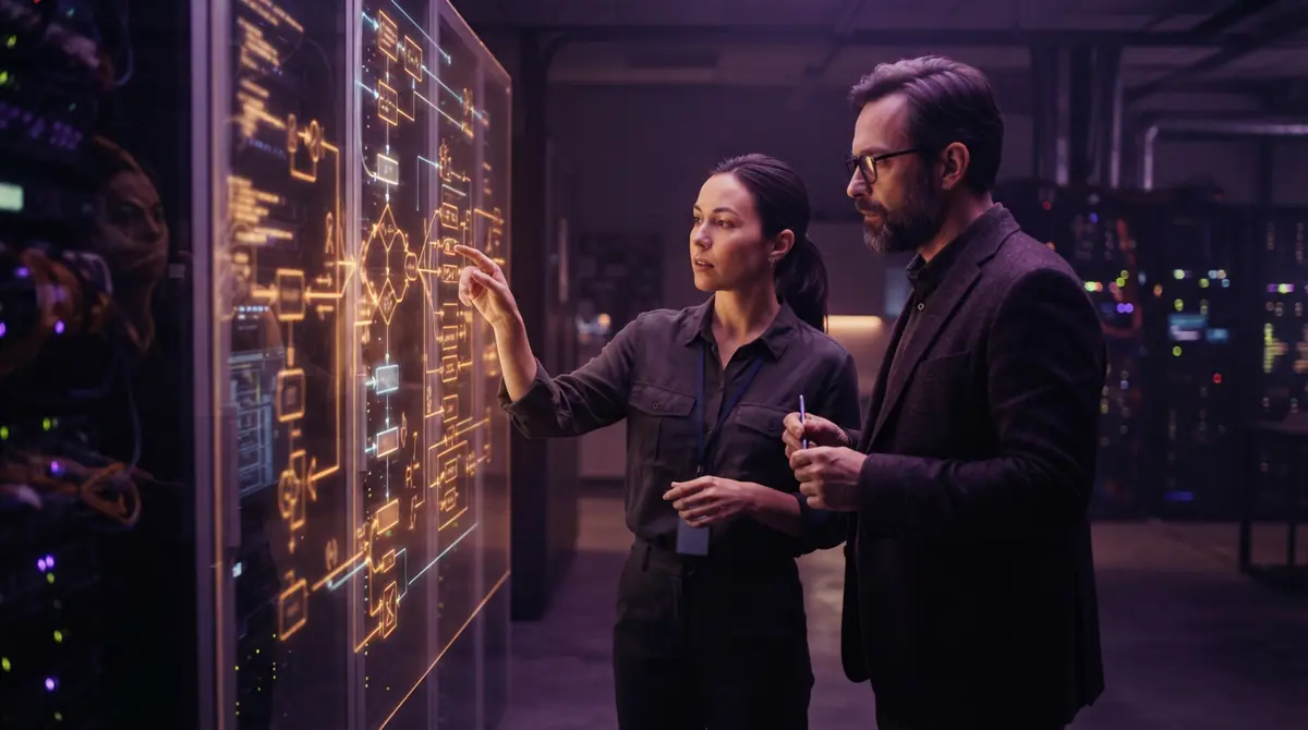 An AI-generated illustration showing researchers collaborating on dependency graphs in a computing environment