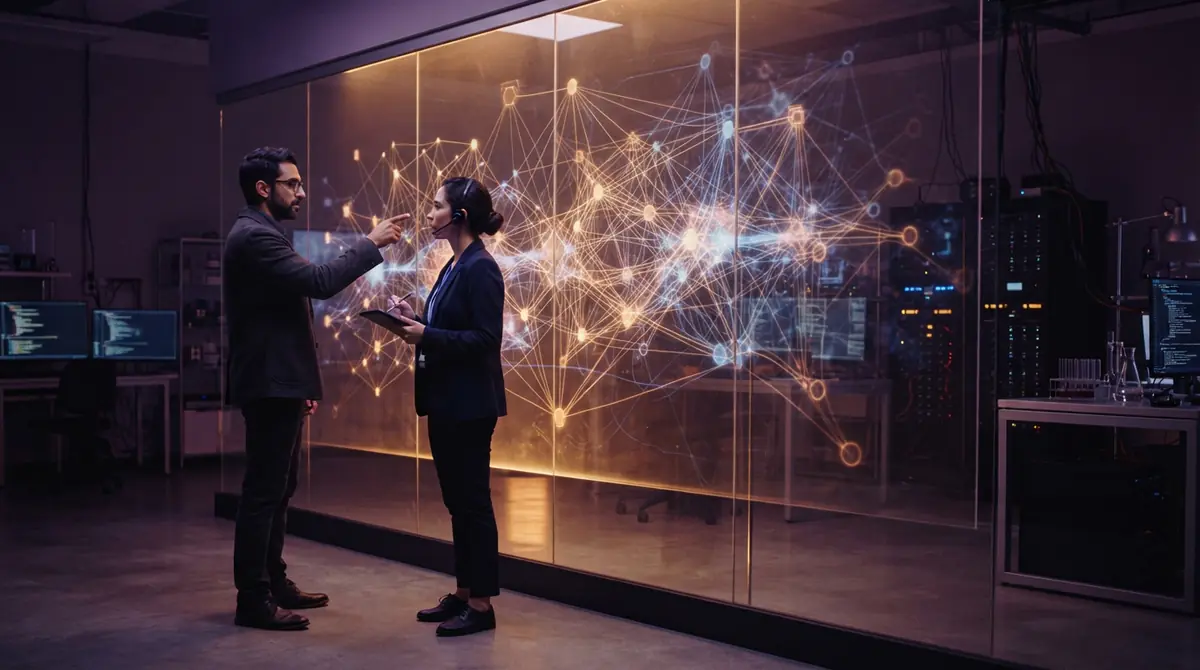 Two researchers studying glowing network nodes and activation curves on a large transparent screen.