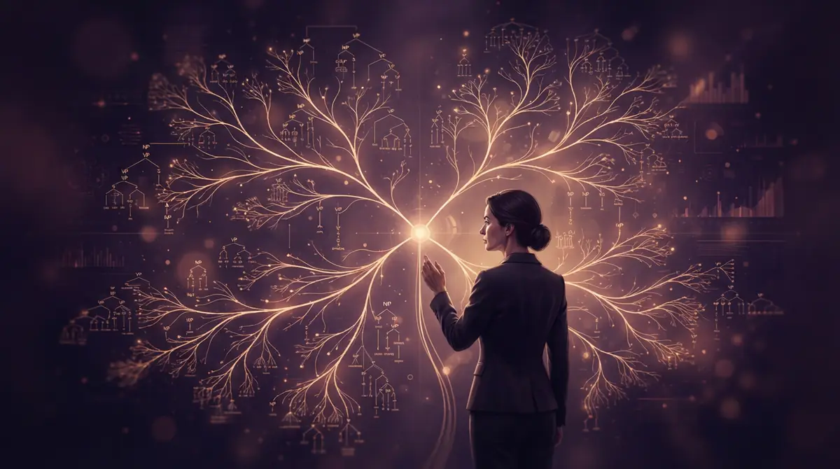 An illustration depicting recursive branching structures inside a digital network.