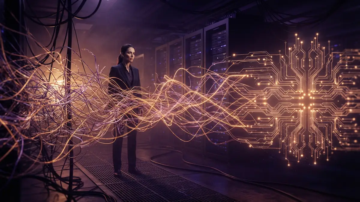 An illustration showing tangled digital filaments transforming into orderly neural pathways.