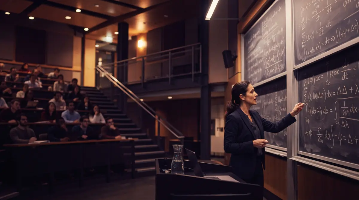 A university mathematics hall chalkboard filled with analytic number theory formulas and function definitions