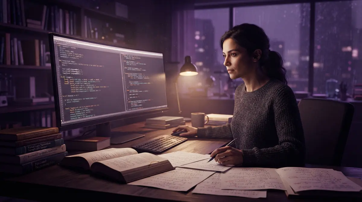 A desk with formal proof verification code visible on a screen alongside printed mathematical preprints