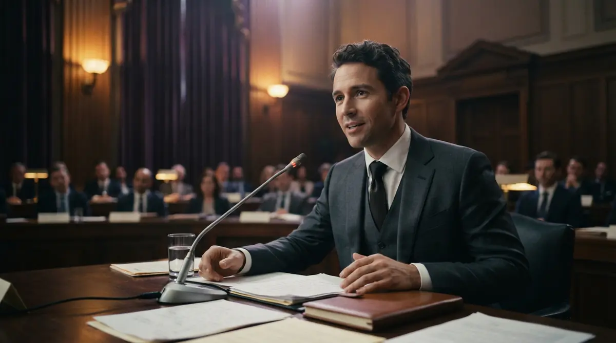 Illustration of a tech researcher testifying before lawmakers