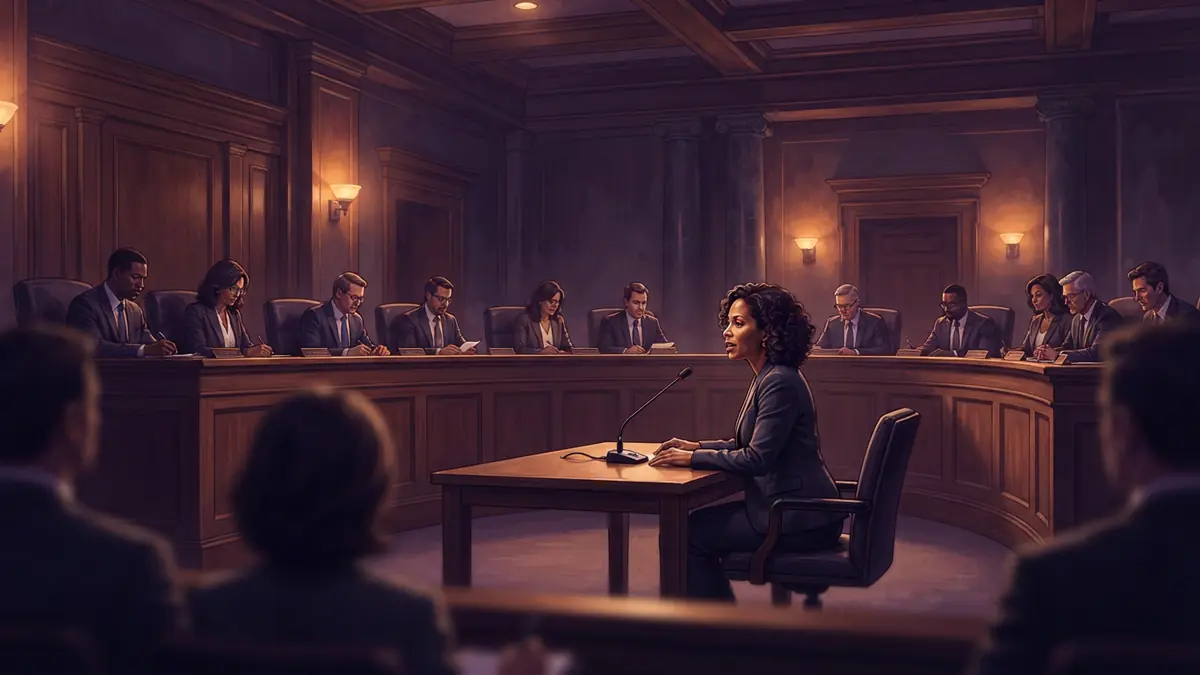 Illustration of an AI safety oversight hearing inside a municipal council chamber