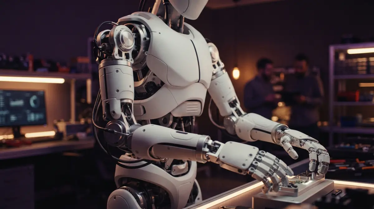 Illustration of a humanoid robot's mechanical joints and upper body design.
