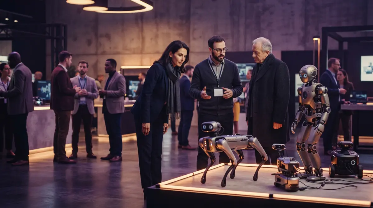 Illustration of various service and quadruped robots on display at a technology summit.