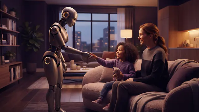 Illustration of a humanoid companion robot interacting with people in a domestic living room.