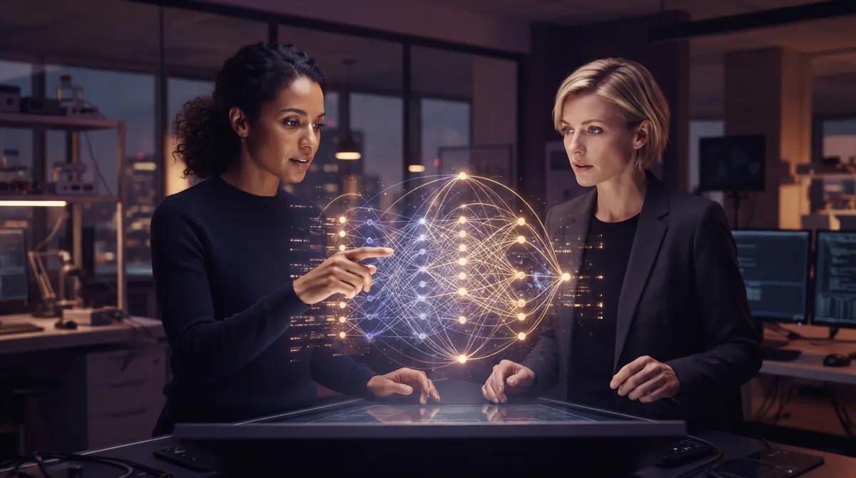 AI researchers examining a sparse neural network routing diagram