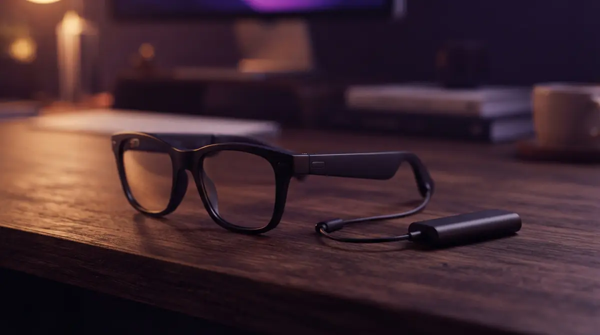 Smart glasses with an adjacent swappable temple battery on a clean desk surface.