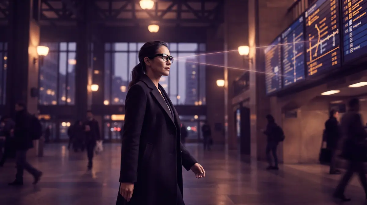 A person wearing smart glasses with an eye tracking line focusing on an urban sign.