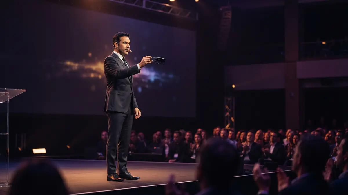A tech executive presenting smart glasses on an illuminated auditorium stage.
