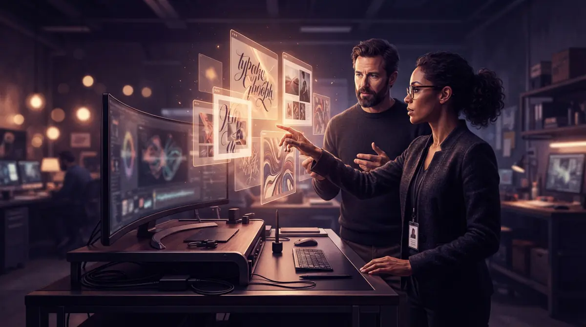 A researcher evaluating digital design templates and transparent visual assets on a digital display.