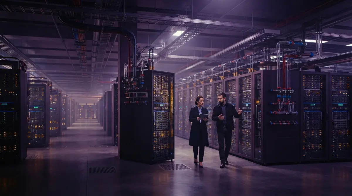An expansive modern computing data center with glowing server racks and overhead cooling distribution.