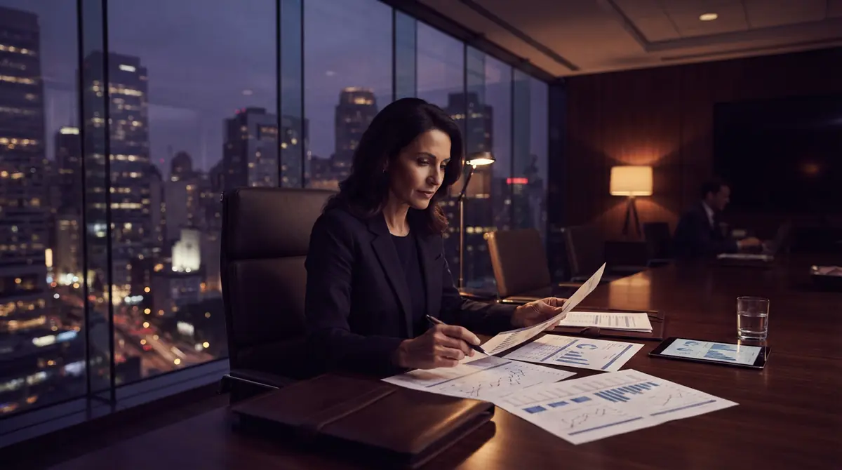 A corporate executive analyzing financial records and expenditure sheets in a boardroom.