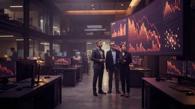 Financial analysts on an investment trading floor observing declining stock charts on digital screens.