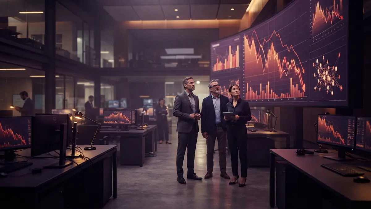 Financial analysts on an investment trading floor observing declining stock charts on digital screens.