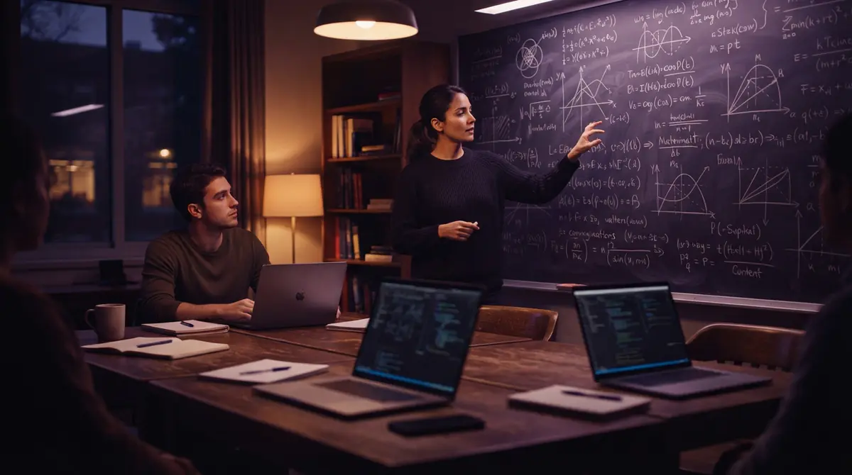 A chalkboard covered in discrete mathematics equations beside researcher workstations