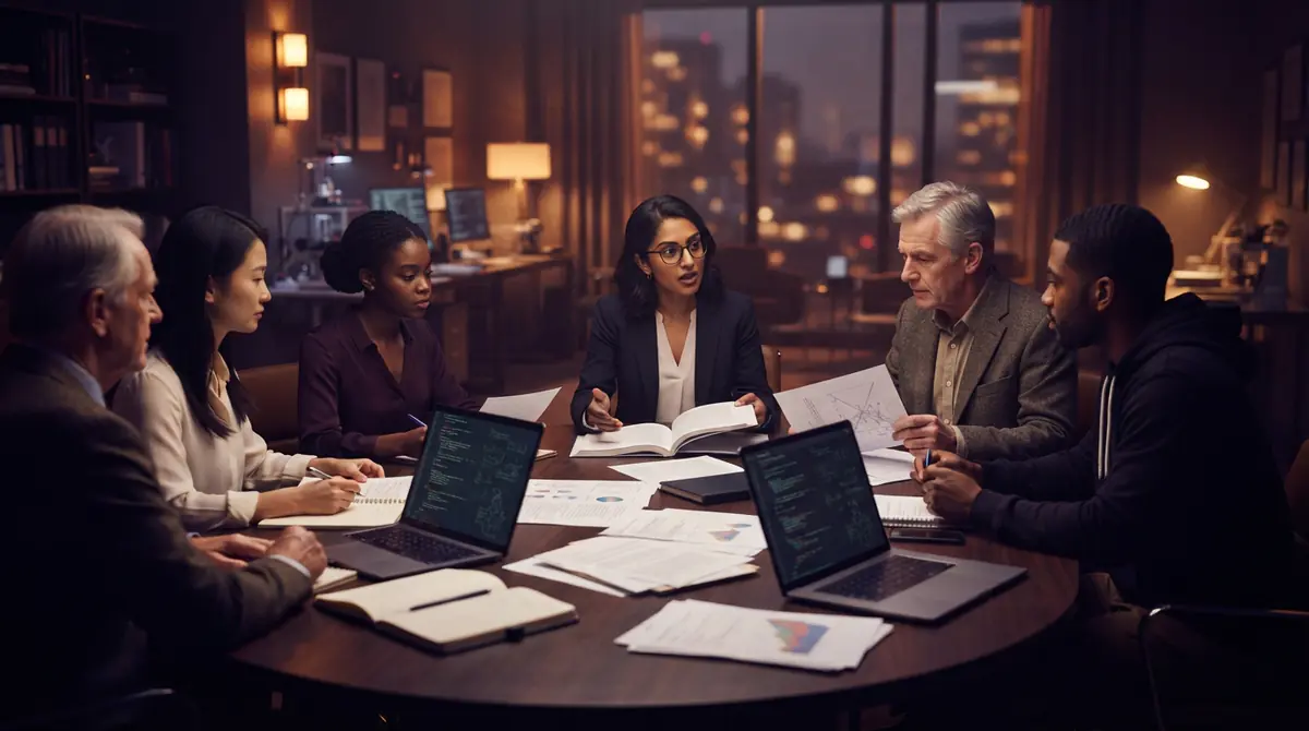 Mathematicians and scientists reviewing peer-reviewed technical publications at a table