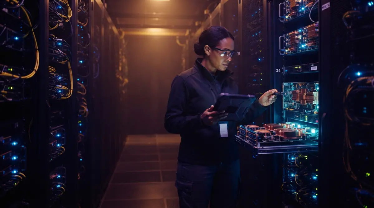 Illustration of high-density cloud data center racks running custom AI processors