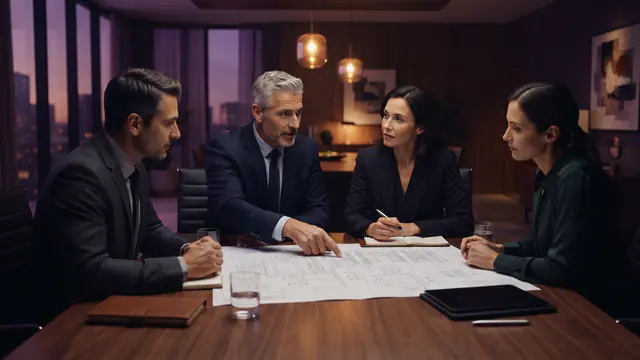 Illustration of corporate executives discussing an AI acquisition and chip technology in a modern conference room