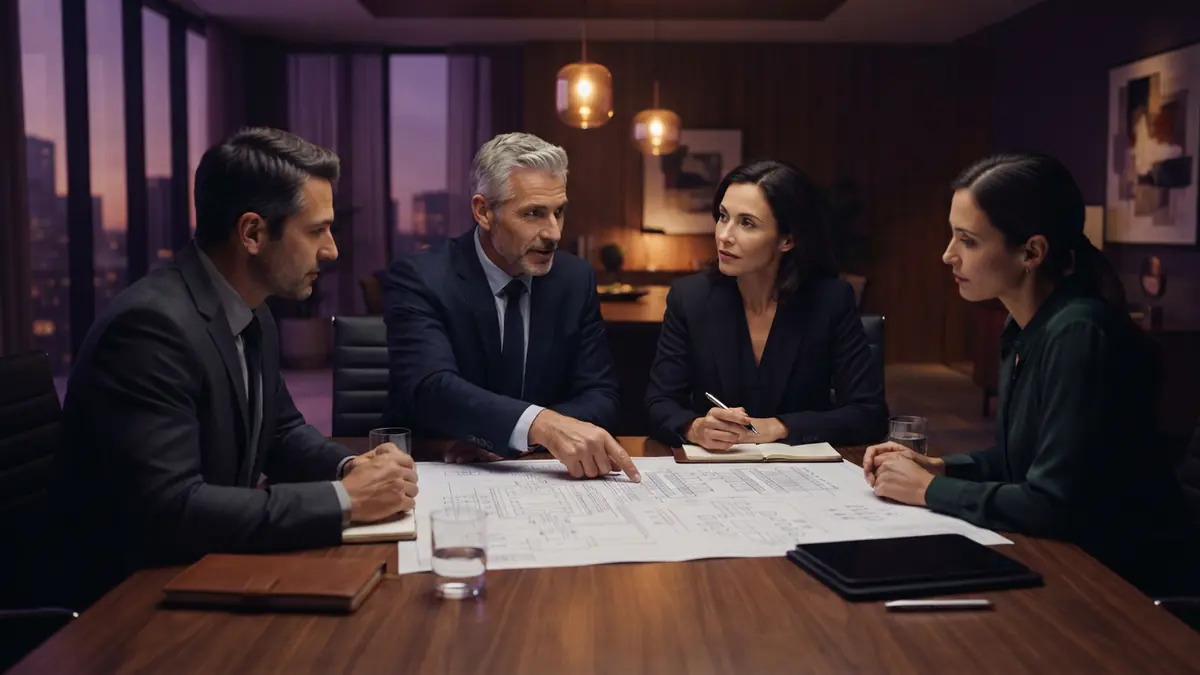 Illustration of corporate executives discussing an AI acquisition and chip technology in a modern conference room
