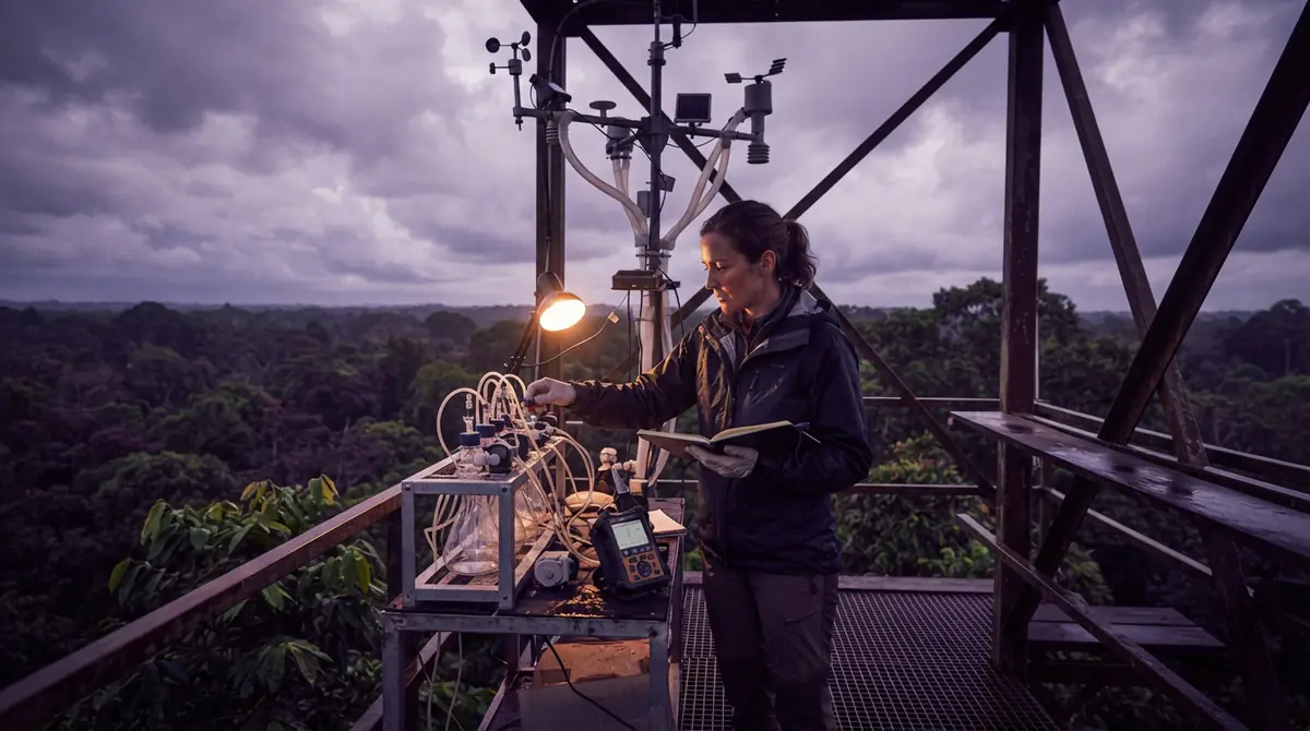 A scientist inspecting atmospheric air sampling equipment above a dense tropical forest