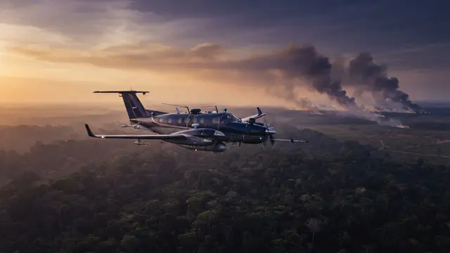 An atmospheric research airplane flying above the Amazon rainforest canopy near rising fire smoke