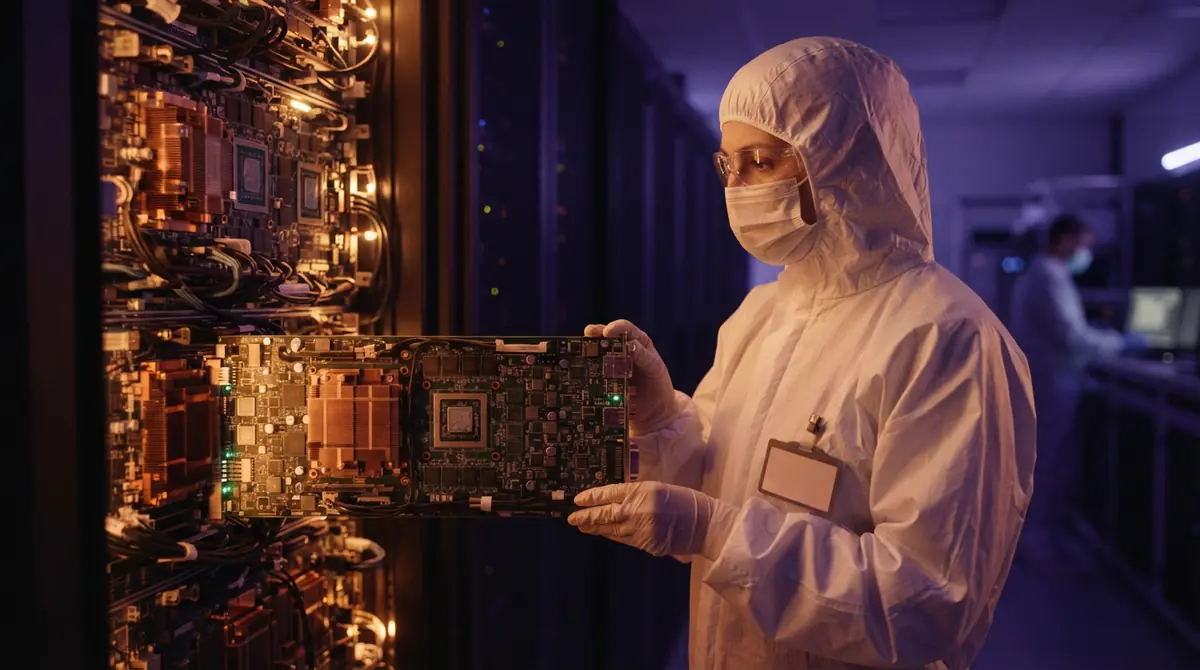 A technician examining high-performance computing hardware in a specialized facility