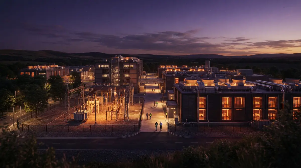 Exterior view of an expansive hyperscale data center facility at dusk