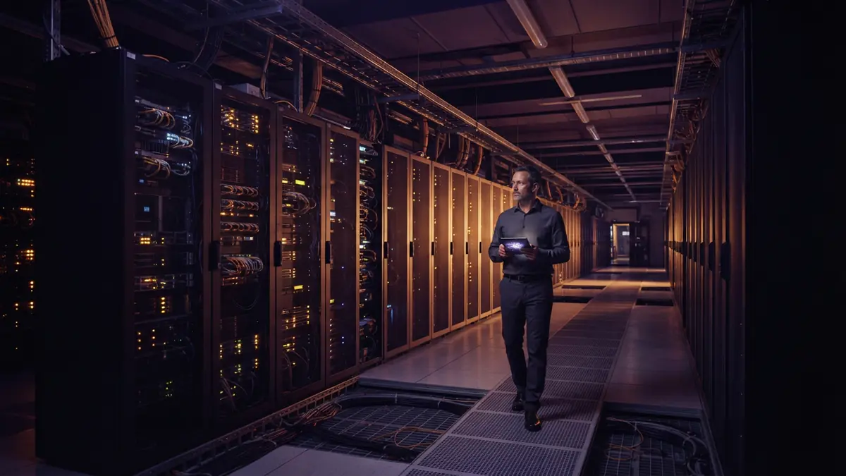 Row of glowing server racks inside an advanced computing data center facility
