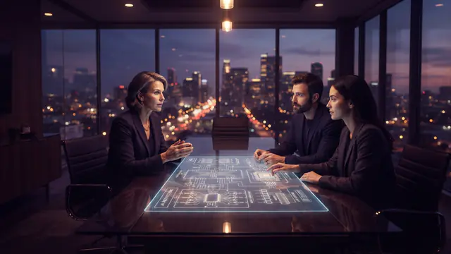 Illustration of corporate leaders discussing a major technology acquisition in a boardroom