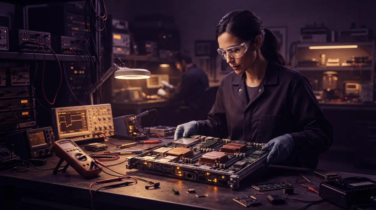 An engineer inspecting a dense enterprise server blade with high-performance processors on an assembly bench.