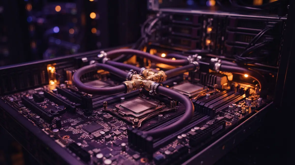 Direct liquid cooling pipes and fittings connected to server processor blocks inside a rack system.