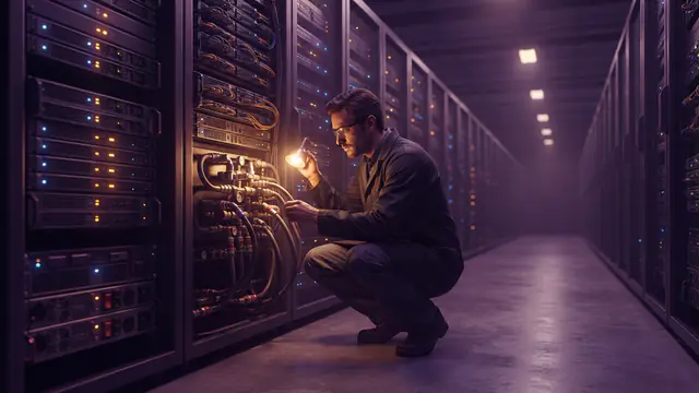A modern server room aisle featuring high-density open compute server racks with liquid cooling lines.