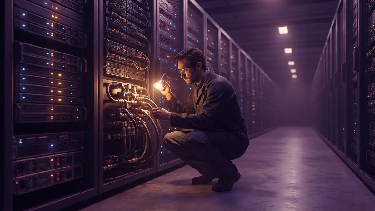 A modern server room aisle featuring high-density open compute server racks with liquid cooling lines.