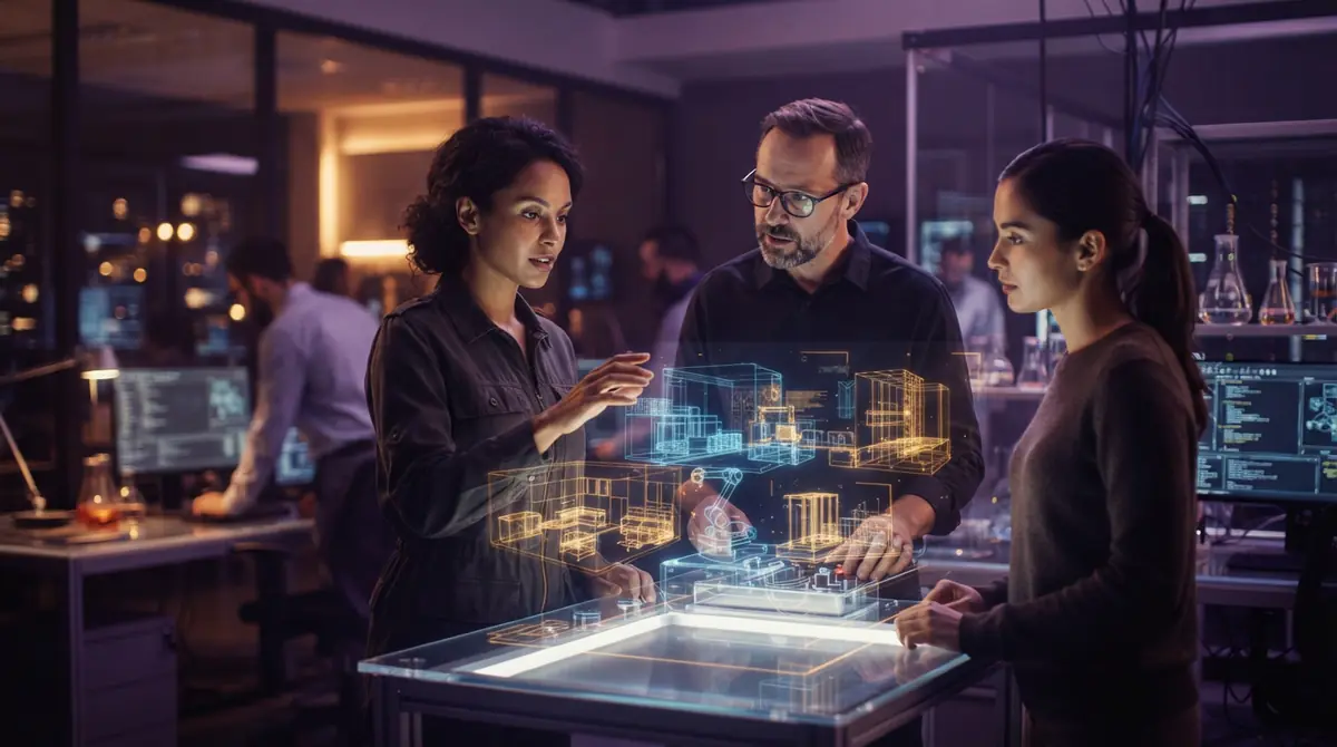 Illustration of researchers examining digital 3D spatial simulations in a lab