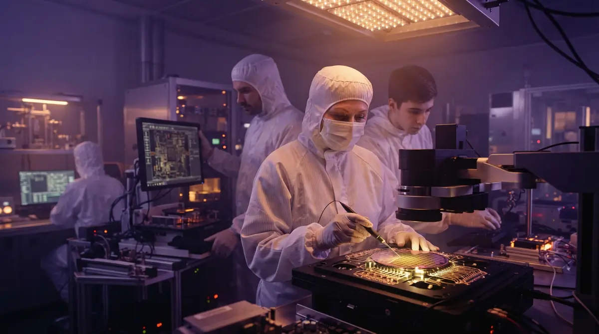 Illustration of semiconductor hardware engineers inspecting silicon compute components
