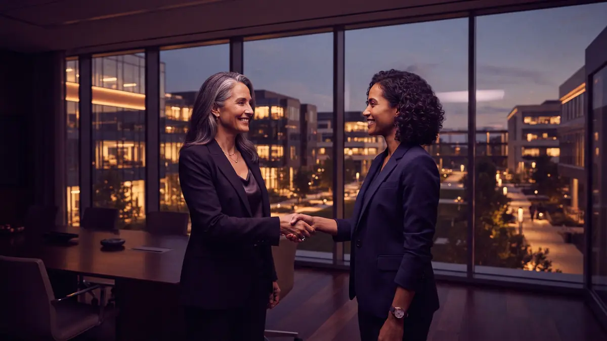 Illustration of two female technology leaders shaking hands in an office setting