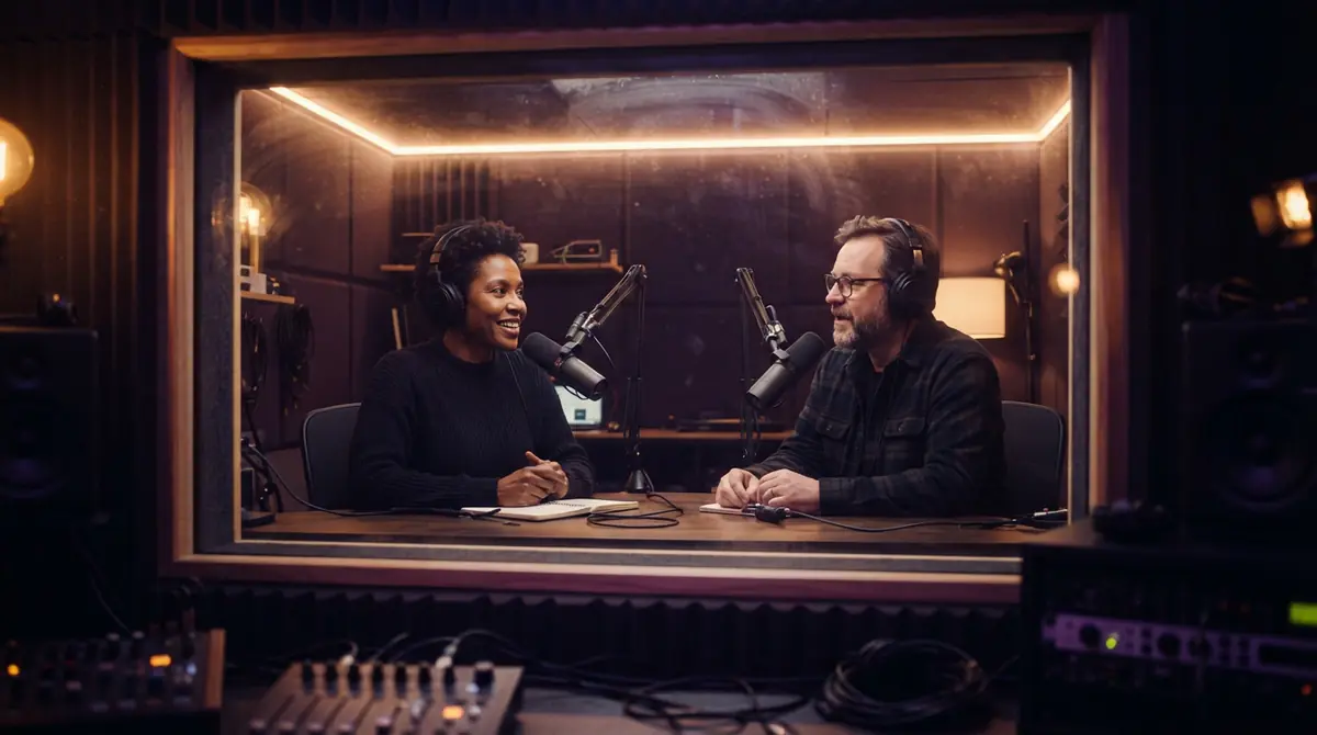 Two podcast hosts speaking into studio microphones in an acoustic booth