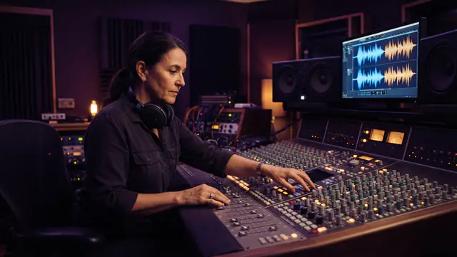 An audio engineer working in a modern sound studio with acoustic waveforms displayed on screens