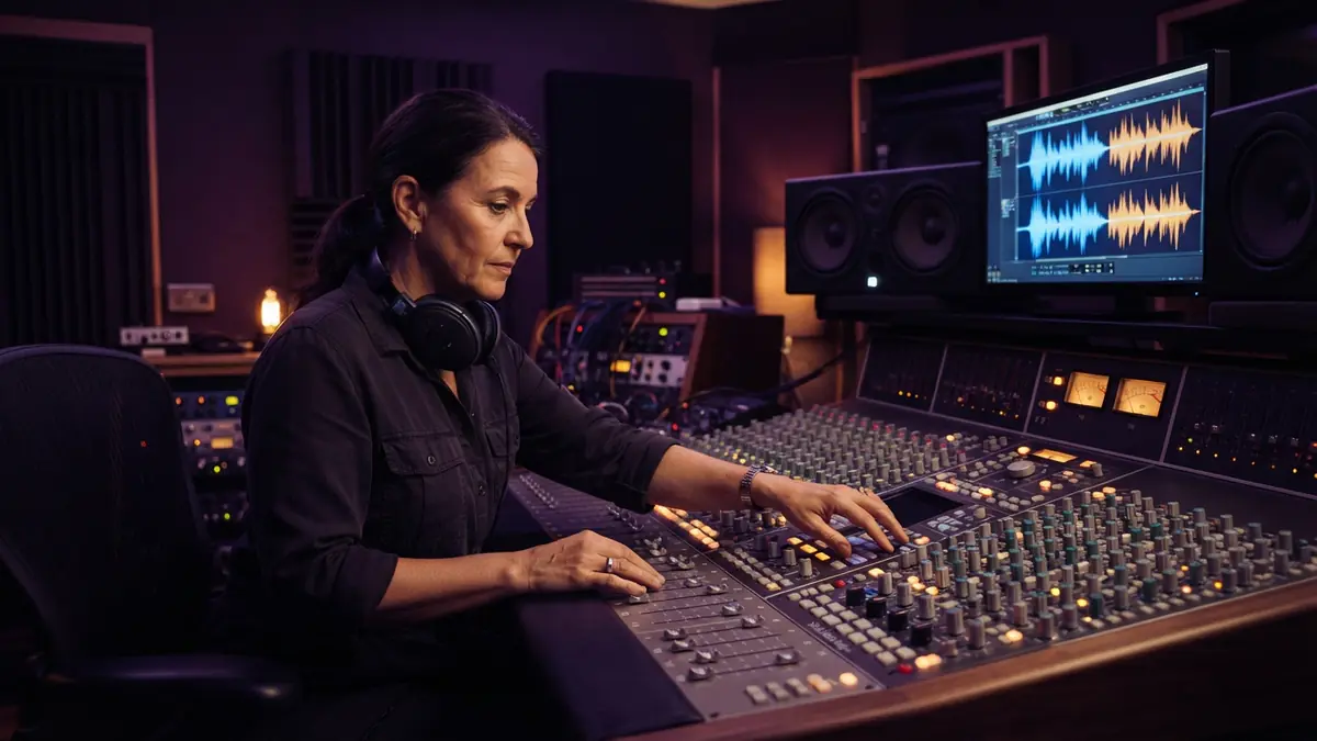 An audio engineer working in a modern sound studio with acoustic waveforms displayed on screens