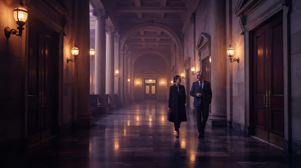 Interior corridor of a government agency building with classic columns.