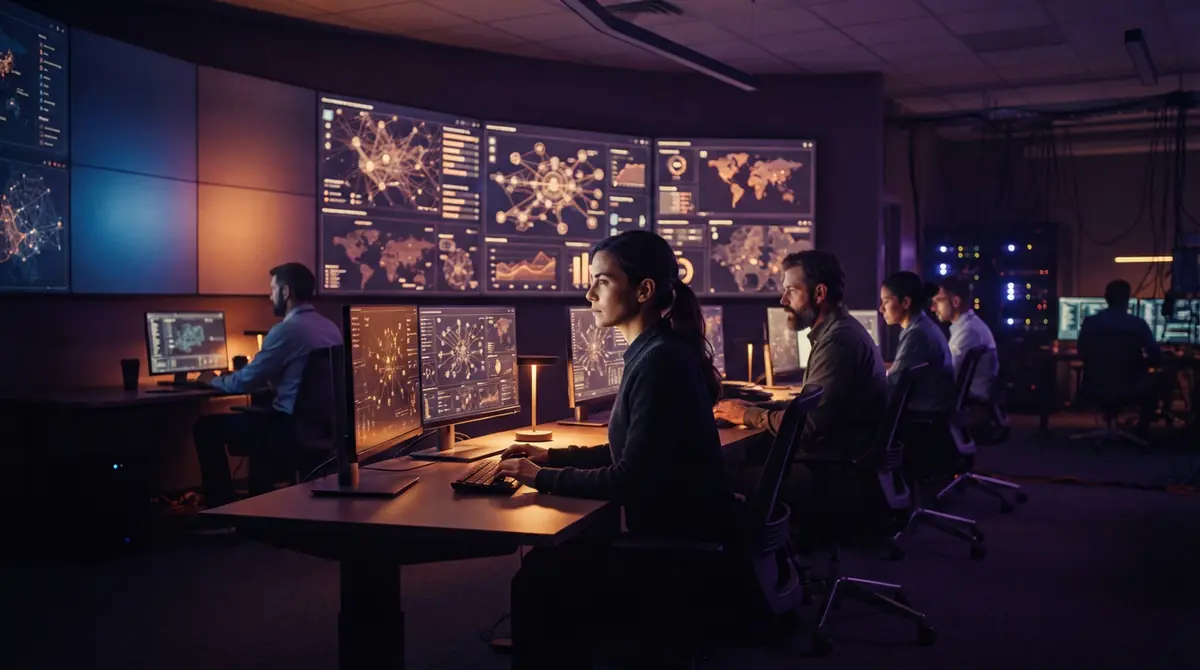Security analysts reviewing operational containment dashboards in a control center.
